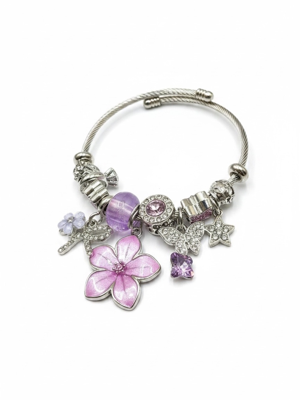 Silver-Tone Purple Flower Charm Twisted Bangle